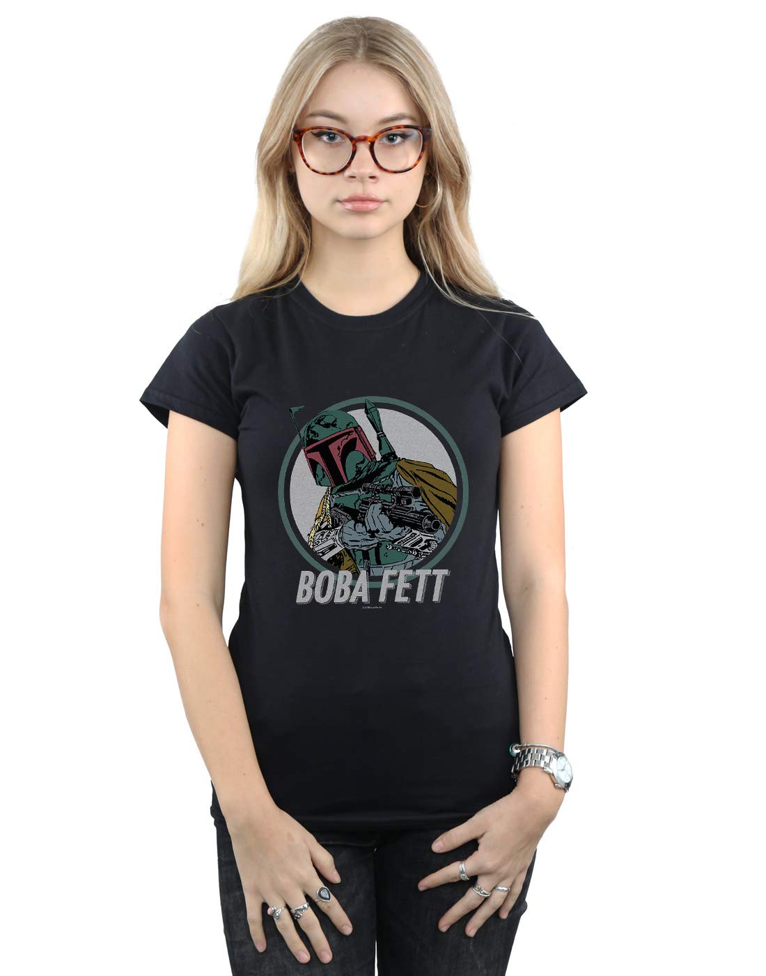 Star-Wars-Damen-Boba-Fett-Retro-Circle-T-Shirt-Schwarz-Small