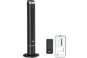 Pureborne 102CM Leiser Ventilator, 90° schwenkender Turmventilator mit Fernbedienung & App Steuerung, Blätterloser Ventilator, 4 Stufen & 4 Modi, 12h Timer Turmventilatoren für Schlafzimmer (Schwarz)
