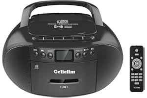 Gelielim Portable CD and Cassette Player Boombox Combo, Casette Tape Recorder with Remote, AM FM Radio, USB Playback with Earphone Jack, 5.1V Bluetooth Speaker, Battery Operated or AC Powered for