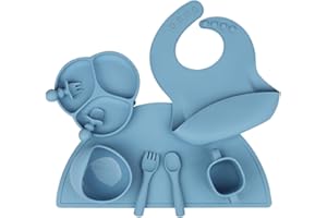 Wooshwa 9 Pieces Suction Feeding Set for Babies and Toddlers, Silicone Plate Bowl Cup Spoon Fork Bib and Placemat Kit (Blue)