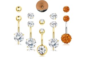 Diamday 5pcs Piercing Nombril, Piercing Nombril Anneau,14G CZ Pendentif Percing Au Nombril Or Argenté Piercing Bijoux Barbells 5 Balles de Rechange