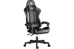 HLFURNIEU Chaise Gaming Ergonomique Fauteuil, Chaise avec Coussin Lombaire et Appui-tête, Siège Gamer Hauteur Réglable, Noir
