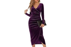 XIVISTO Robe Velours Femme Col en V Manches Longues Rétro Robe De Soirée Sexy Elegant Fête Cocktail Automne et Hiver