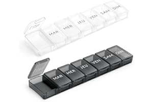 Opret Pilulier Semainier Transparent Français 7 Jours, 2 pièces Grande Capacité, Pilulier Hebdomadaire Boîte à Medicaments pour Matin Soir - Blanc et Noir