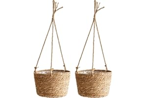 PEIQICHU 2-Piece Hanging Plant Basket with Long Hanging Rope & Hooks - Indoor/Outdoor Decorative Wicker Macrame Seagrass Planter Hanger