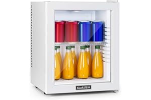 KLARSTEIN Brooklyn Mini Frigo de Chambre, Mini Bar, Refrigerateur Aliments, Boissons, Porte en Verre, Etagères Réglables, Petit Frigo Camping, Voiture, Mini Frigo Cosmetique, Silencieux, 12-18°C, 23L