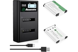 Powerextra NP-45 NP-45A NP-45S Li-40B EN-EL10 Battery (2x1300mAh) and Dual LCD Charger - for Fujifilm INSTAX Mini 90 Olympus Li-42B Nikon EN-EL10 and FinePix XP50/60/70/80/90/120/130/140