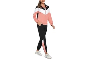 Marvmys Conjunto Chándal Mujer Contraste Conjuntos Deportivo Otoño Invierno Top Manga Larga con Cremallera y Pantalones Deportivos