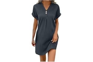 ACHIMLT Musselin Kleid Damen Sommer Bluse Leicht V-Ausschnitt Tunika Kleid mit Knöpfen Boho Sommerkleider Musselin Damen Kurzarm A Linien Kleid Freizeitkleider Luftig Hemdkleid Lang Strandkleid