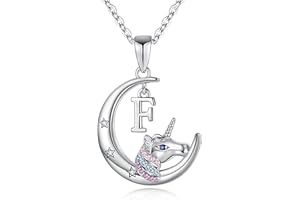 TINGN Unicorns Gifts for Girls - 14K White Gold Plated Crescent Moon Pendant Unicorn Necklaces for Girls Colorful CZ Initial Unicorn Necklace Jewelry Birthday Gifts Unicorn Gifts for Girls Women