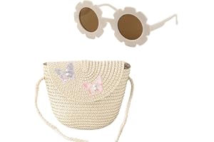 CWPFVQA 1 Bolso De Hombro De Paja De Mariposa con 1 Gafas De Sol En Forma De Flor, Bolso De Paja para Niñas, Mini Bolso De Hombro para Niños, Lindo Bolso De Almacenamiento Pequeño