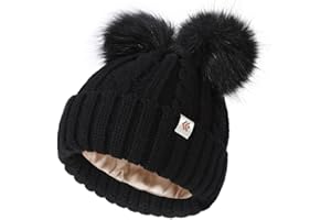 Creekstone Bobble Hat Satin Lined Winter Beanie Hats for Women Girls Warm Knit Hats with Faux Fur Double Pom Pom Ears