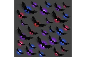 HSDSH 24 Stück Große Schwarze Fledermäuse LED Lichter Aufkleber Halloween Dekoration 3D Fledermaus Wandaufkleber Bunt LED Deko Beleuchtung Nachtlicht für Wand Fenster Tür Partyzubehör Drinnen und Draußen