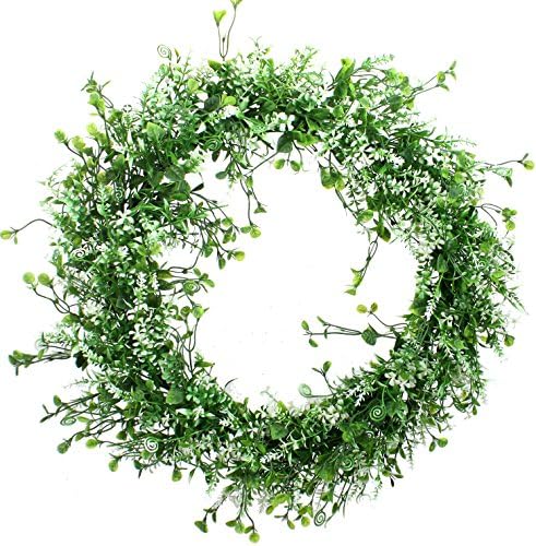 XIUER 45cm Artificial Green Leaf Wreath Summer Front Door Wreath Greenery Hanging Wall Window Decoration,Pack of 1 (White Green)
