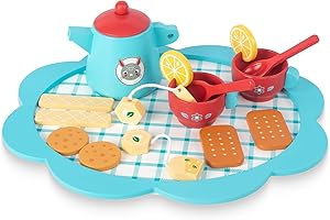 WOODENFUN Service à thé en Bois pour Les Enfants, Jeux de Nourriture Faire Semblant Jeux Accessoires de Cuisine 3 4 5 Ans Fille garçon, Bambin Princesse Teatime Party Food Toys
