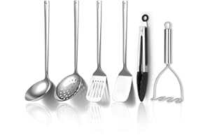 Ensemble d’ustensiles de cuisine en acier inoxydable Kyraton 6 pièces, ustensiles de cuisine comprend des ensembles de spatules en métal, une écumoire, une louche, des pinces, un presse-purée