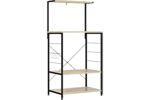 eSituro Étagère de Cuisine, Étagère de Micro-Ondes en métal et Bois,Étagère de Cuisine, Meuble de Rangement avec Crochets 60x40x123cm