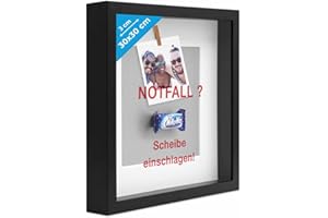 PHOTOLINI 3D cornice 30x30 cm nero, profonda con vetro e passe-partout, cornice per oggetti fino a 3 cm di profondità, legno MDF - perfetta per il fai da te e come regalo