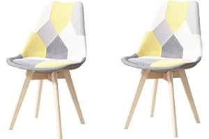 HJhomeheart Lot de 2 Chaises de Salle à Manger en Tissu Patchwork avec Coussin d'assise Amovible et Pieds en Bois Massif pour Salle à Manger, Salon, Cuisine, etc. (Patchwork Jaune)