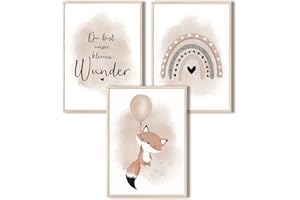 MeinBaby123® I Bilder Lot de 3 tableaux pour chambre d'enfant,Format A4,Poster mural,Pour chambre d'enfant,Décoration de chambre de bébé,Poster mural de qualité supérieure (ballon et renard beige)
