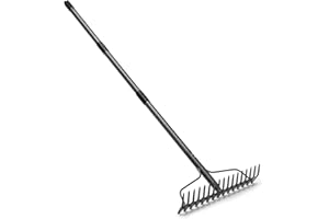 Harrms Gartenrechen mit 17 Zinken, Großflächen Laubrechen mit breitem Kopf, Gartenharke Metall Schwerlast mit Stiel für Erde, Laub & Kies, 195cm, Grau