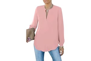 Homlan Elegancka bluzka damska z dekoltem w kształcie litery V, z długim rękawem, do pracy, na co dzień, tunika, Henley, koszulka z długim rękawem, jednokolorowa, luźna bluzka
