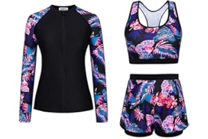 JASAMBAC 3-Piece Rash Guard Swimsuits for Women UPF 50+ Bikini Top & High Waist Boyshorts Zipper Modest Swimwear Ladies Swimming Costumes Bathing Suit Soft Surf Suit
