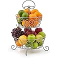 Corbeille à Fruits 2 Niveaux En Métal Noir - Panier Fruits & Légumes Avec Poignée Bois - 2 Étages Amovibles