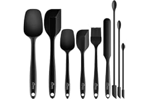 Hotec 9 Pieces Silicone Spatula Set Kitchen Utensils for Baking, Cooking Mixing Heat Resistant Non Stick BPA Free Food Grade Dishwasher Safe Black