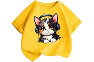 KODMNSW T-Shirt Mädchen T Shirt Kinder Tshirt Sommer Tops Baumwolle Rundhals Kurzarm Oberteile Katze Druck Kurzärmelige Coole Klamotten für Teenager 2-14 Jahre Alt