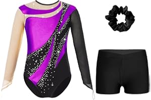 RUNQHUI Fille Justaucorps Gymnastique avec Short Gym Danse Bandeau de Cheveux Tenue Leotard Ballet Manches Longues 5-16 Ans