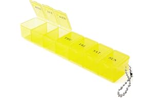 BAKERYTE Pill Boxes 7 Day 1 Times a Day - Pill Box Organiser Weekly Tablet Box | Daily Pill Organiser with Dosset Compartments | Conveniently Sized Portable Medicine Storage Box (Yellow)