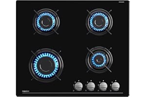 magicplux Plaque de Cuisson Gaz 4 Feux, Plaque Gaz Encastrable 60cm avec Sécurité Thermocouple, Gazs ville et Bouteille, Verre Noir