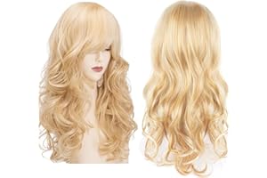 YEAPEAK Peluca Rubia Larga, Pelucas Rubias Largo, Pelucas Onduladas Largas De 60 Cm Con Flequillo, Peluca Rubia Barbie, Para Fiestas Diarias Sintéticas Resistentes Al Calor Para Mujeres, Cosplay, Halloween
