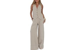 FeMereina Conjunto de 2 piezas de lino a juego para mujer, camiseta sin mangas con botones y pantalones de pierna ancha, ropa de negocios, trabajo y calle