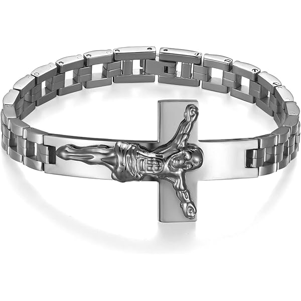 Flongo Rosenkranz Herren Armband Aus Edelstahl Mit Jesus-Kruzifix - Silber, Gold Oder Schwarz, Ca. 19,5 Cm