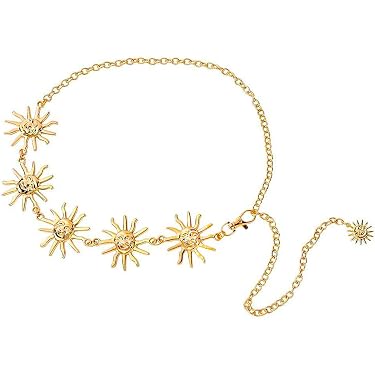 Ceinture Chaine Dorée Femme Ajustable - Style Bohème Avec Motifs Soleil/Smiley - Pour Robes, Jeans, Tenues De Plage - 6