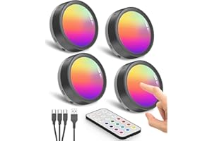 HIDURE Lampe de Placard LED Rechargeable avec Telecommande, Batterie de 1600mAh Spot LED RGB Sans Fil USB Éclairage Vitrine Couleur Spot Autocollant Cuisine Sous Meuble Tactile Lumiere Armoire a Pile Noir