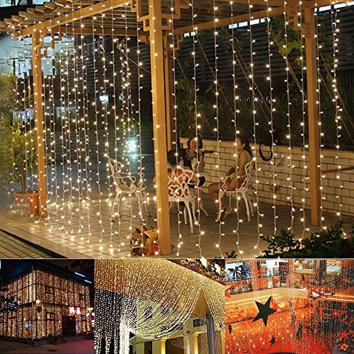 Vorhänge beleuchtet KingTop Lichterkette 3 m * 3 M 304 LEDs 8 Modi Licht-Vorhang Icicle für Dekoration Innen, Außen, Schlafzimmer, Hochzeit, Weihnachten, Abend, Party [Energieeffizienzklasse A +] Warmweiß - 3