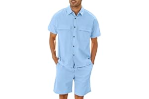 RUNCATI Conjunto de lino de 2 piezas para hombre, camisa y pantalones cortos, manga corta, ropa de verano