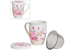 MATCHES21 HOME & HOBBY Matches21 Tasse à thé avec couvercle et passoire en acier inoxydable Motif fleurs Rose/gris et blanc Porcelaine 9 cm 300 ml