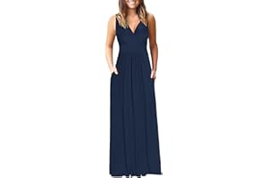 AUSELILY Maxikleid Damen Sommer ärmellos Kleid Lang Elegant tiefem V-Ausschnitt Abendkleid mit Taschen