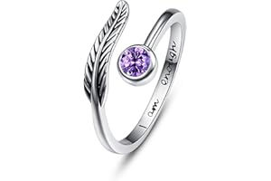 praymos Birthstone Adjustable Open Feather Ring 925 Sterling Silver Birth Stone Ring Jewelry Gift Birthday Gift for Mom Women Wife Girls