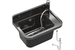 Granitan Sink for Garage, Basement, Workshop and Laundry Room, Wash Basin Set with Siphon and Fitting, Sink with Drip Tray, 50 x 34 x 31 cm, (Black + Extendable Sink Battery)
