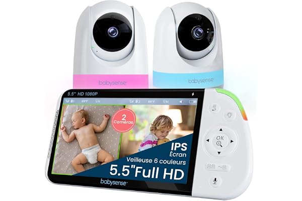 Babysense - Moniteur bébé Full HD écran partagé - Avec 2 caméras - Veilleuse en 6 couleurs - Bruit et machine à lumière - Batterie de 20 heures - Connexion sécurisée sans WiFi