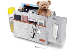 SIMBOOM Poche de Lit, Sac de Rangement de Chevet mit Boîtes à Mouchoirs pour Télécommande, Tablette, Câble de Recharg, Magazine, Lunettes, Stylo - Gris Clair