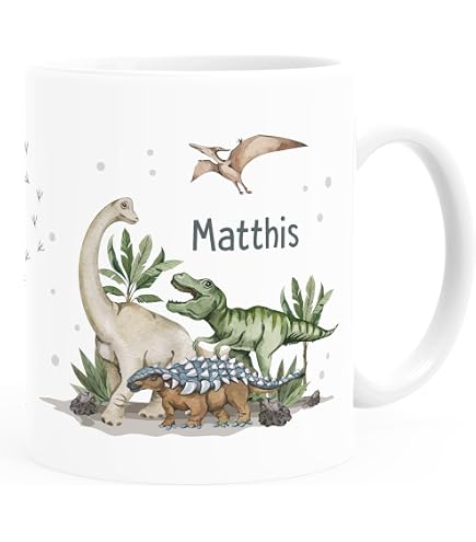 Personalisiert Emaille Tasse Dinosaurier – 300 Ml, Weiß-blau, Mit Namen, Blech Robust & Kratzfest