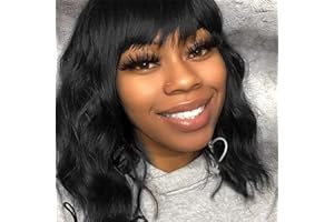 ZEALADY Parrucca Donna Capelli Veri Umani Parrucca Nera Riccia Hmuan Hair Wig With Bangs For Women Body Wave 150% Density Brazilian Virgin Hair Glueless Human Hair Wig With Bangs For Daily Use 14inch