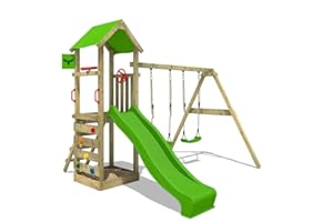 ‎FATMOOSE FATMOOSE Spielturm Klettergerüst KiwiKey Kick XXL mit Schaukel & Rutsche, Outdoor Kinder Kletterturm mit Sandkasten, Leiter & Spiel-Zubehör für den Garten (Apfelgrün)