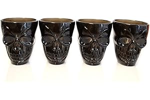SHATCHI Lot de 4 verres à liqueur noirs en forme de crâne 3D effrayant pour Halloween